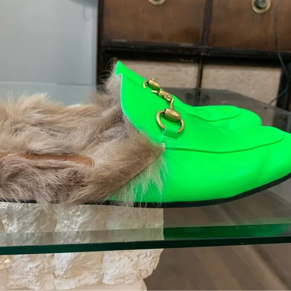 Neon green fur lined Gucci slip ons - Picture 3 of 10